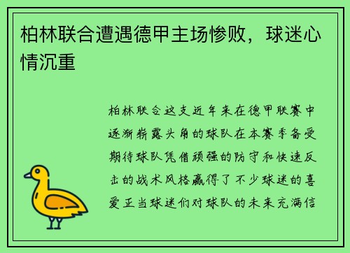 柏林联合遭遇德甲主场惨败，球迷心情沉重