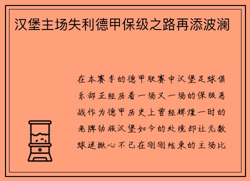 汉堡主场失利德甲保级之路再添波澜