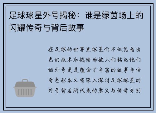 足球球星外号揭秘：谁是绿茵场上的闪耀传奇与背后故事